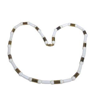 White Plastic Beaded Necklace 25 inch Vintage Strand Jewelry Brass Bead